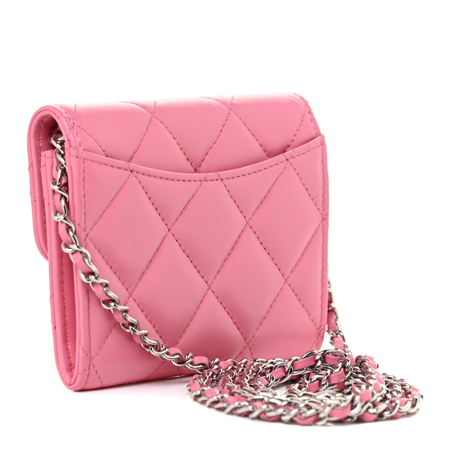 Lambskin Quilted Flap Card Holder On Chain Pink