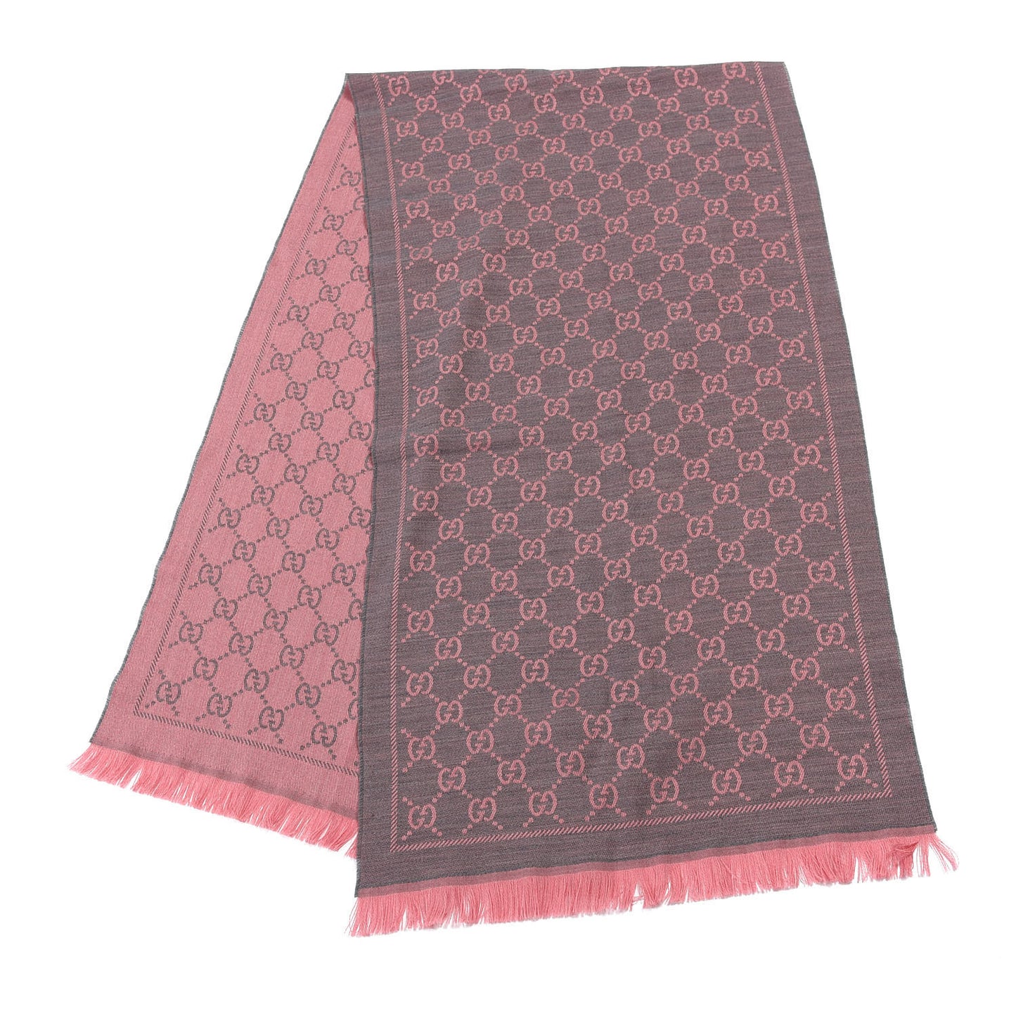 Wool Jacquard GG Monogram Sten Fringe Scarf Graphite Pink