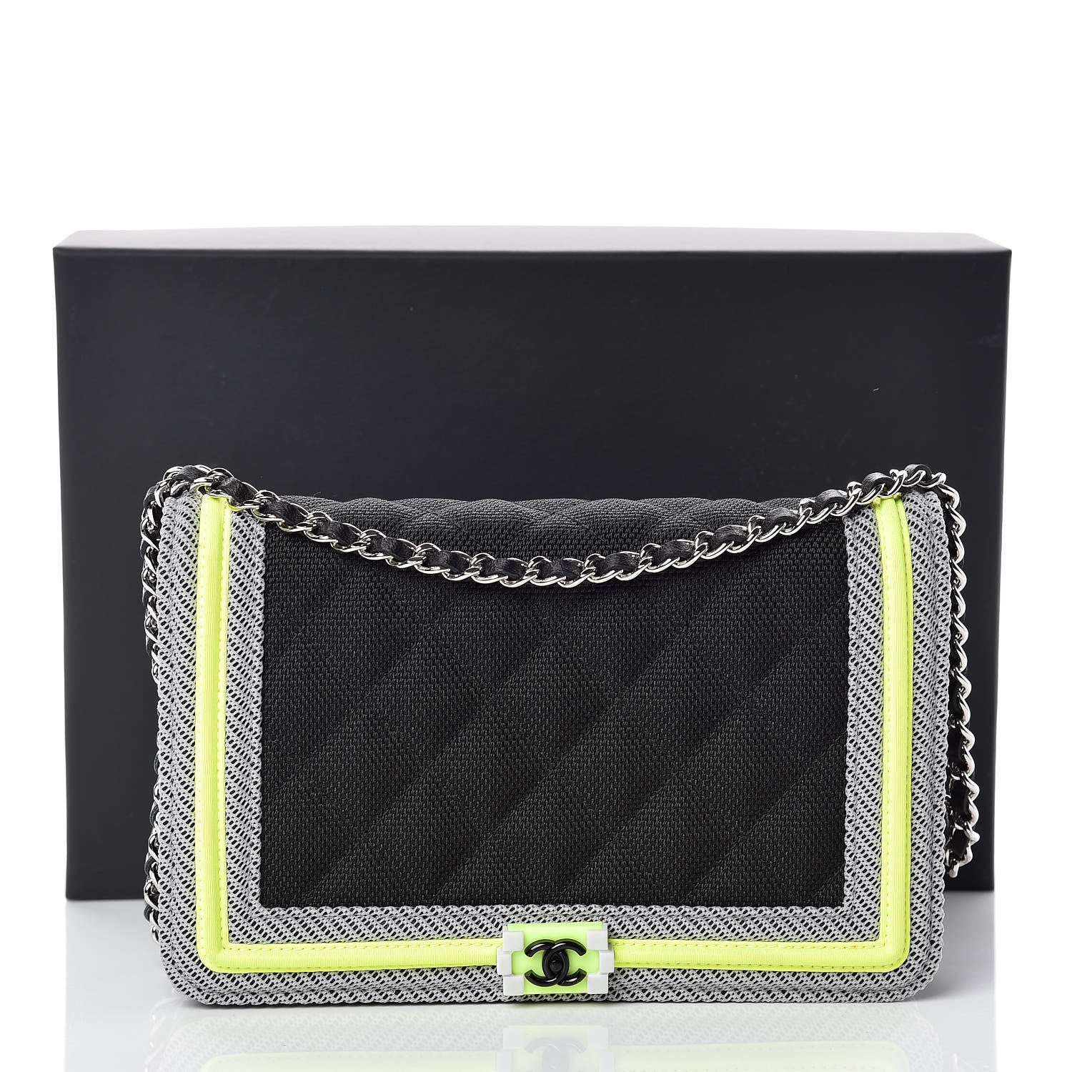 Chanel Canvas Quilted Fluo Boy Wallet On Chain WOC Black Grey Yellow 15 of 15