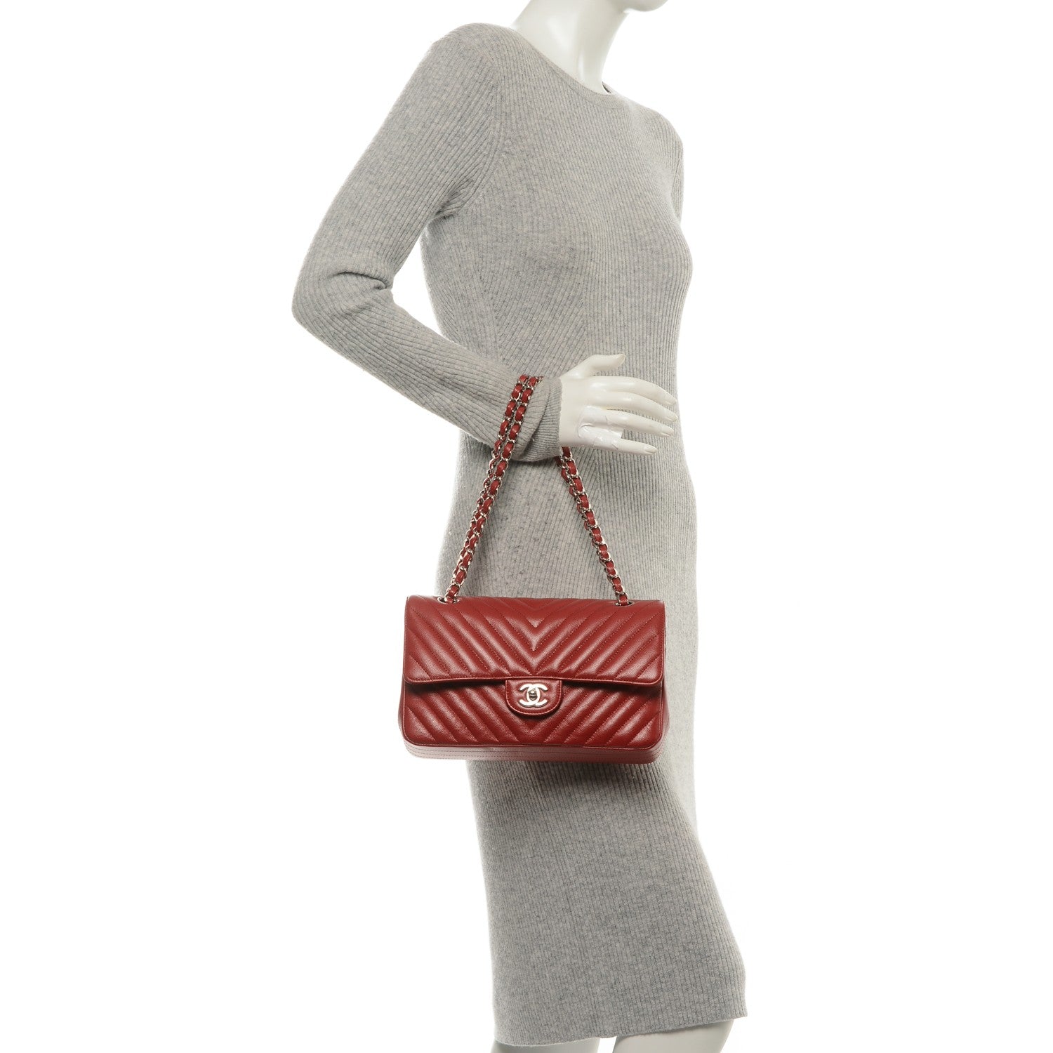 Chanel Caviar Chevron Quilted Medium Double Flap Dark Red 2 of 7