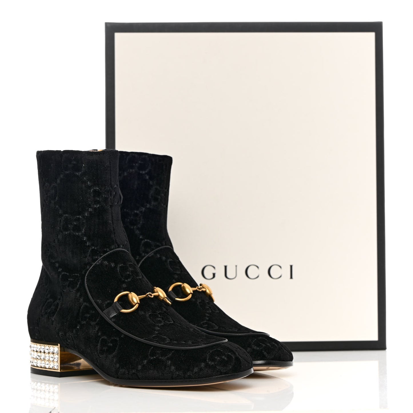 Velvet GG Monogram Crystal Horsebit Ankle Boots 37.5 Black