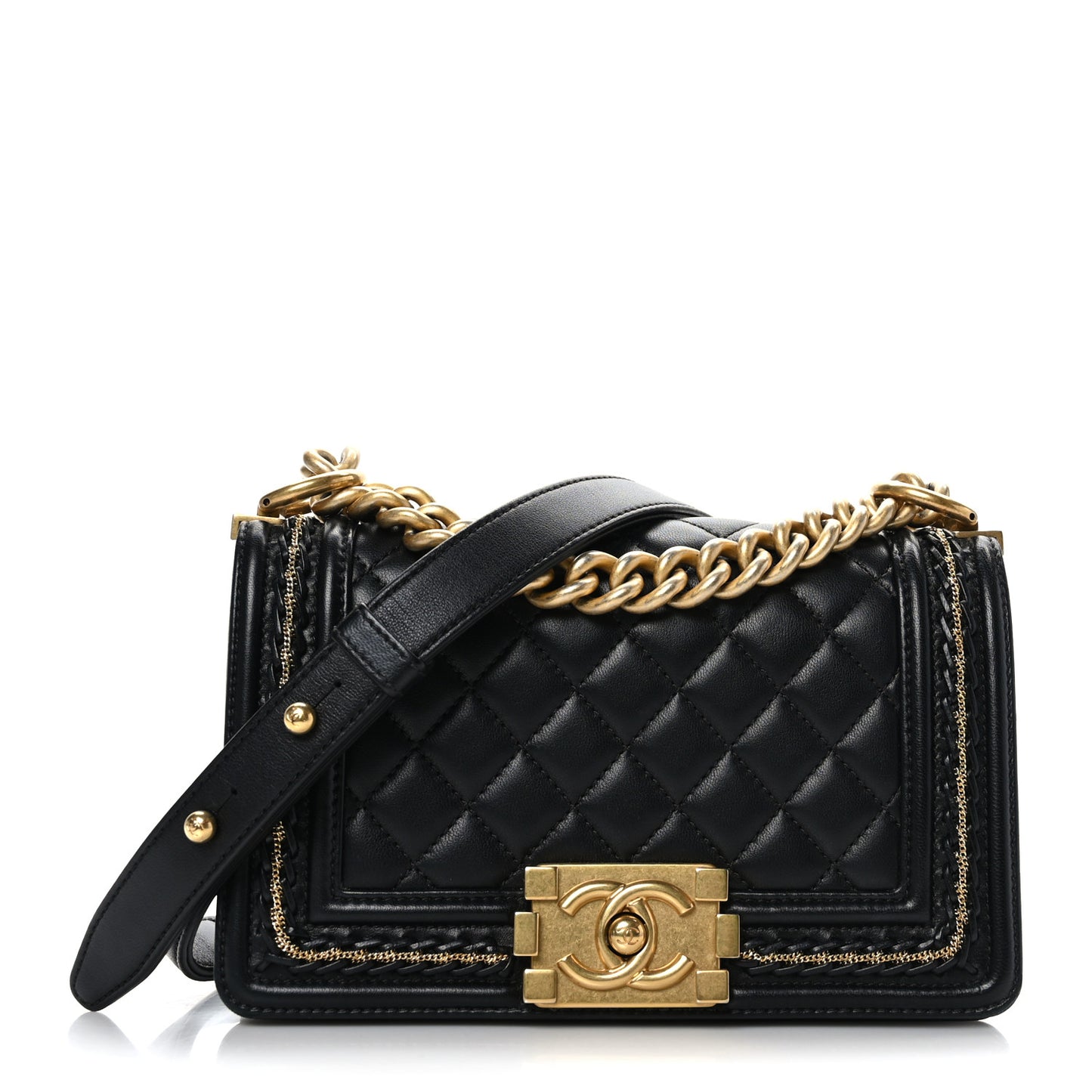 Lambskin Quilted Small Chain Detail Boy Flap Black