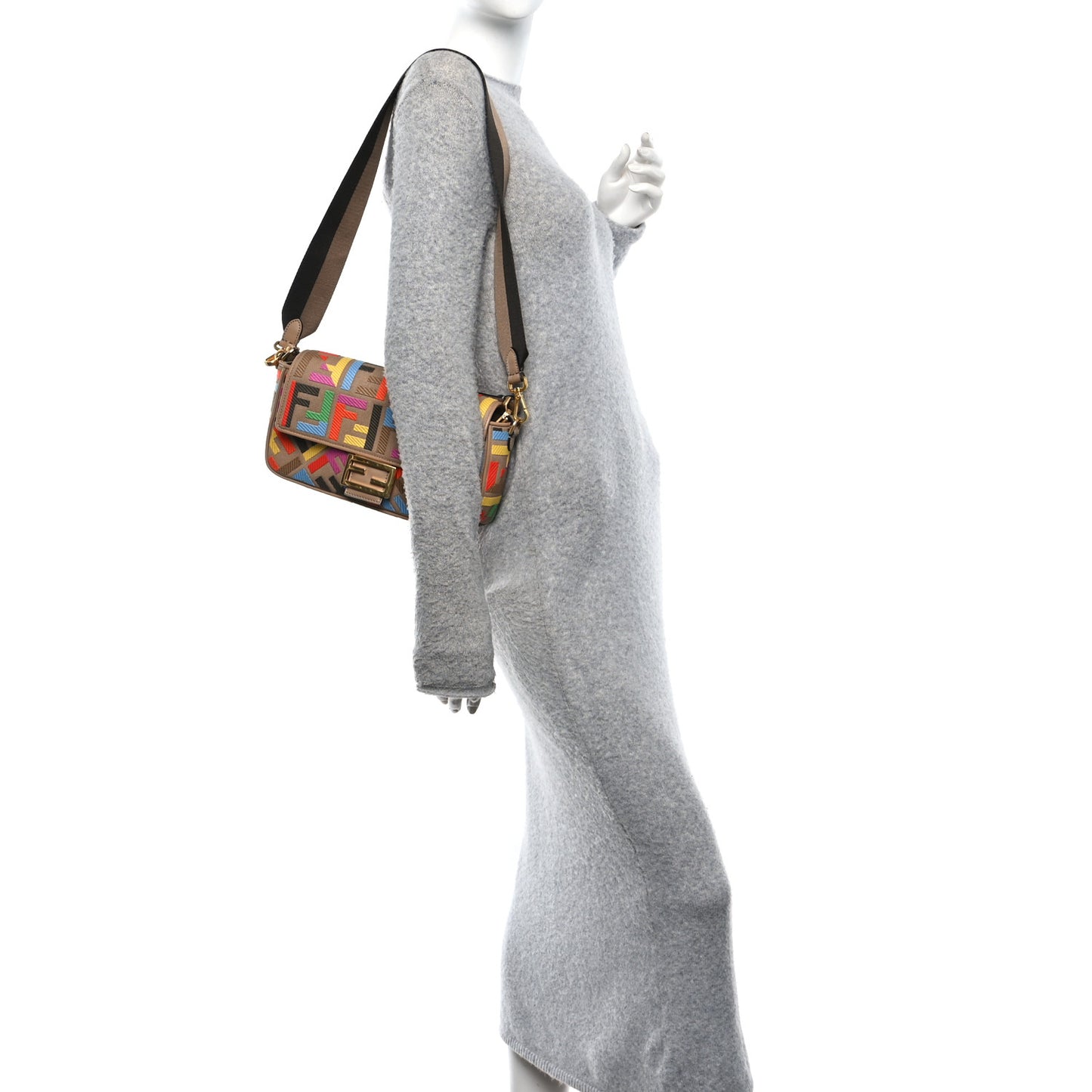 Canvas Vitello King FF Multicolor Embroidered Baguette Multicolor Cuoio
