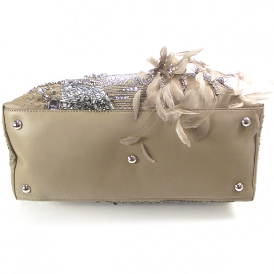 Feather Sequin Alice Glam Frame Satchel Beige