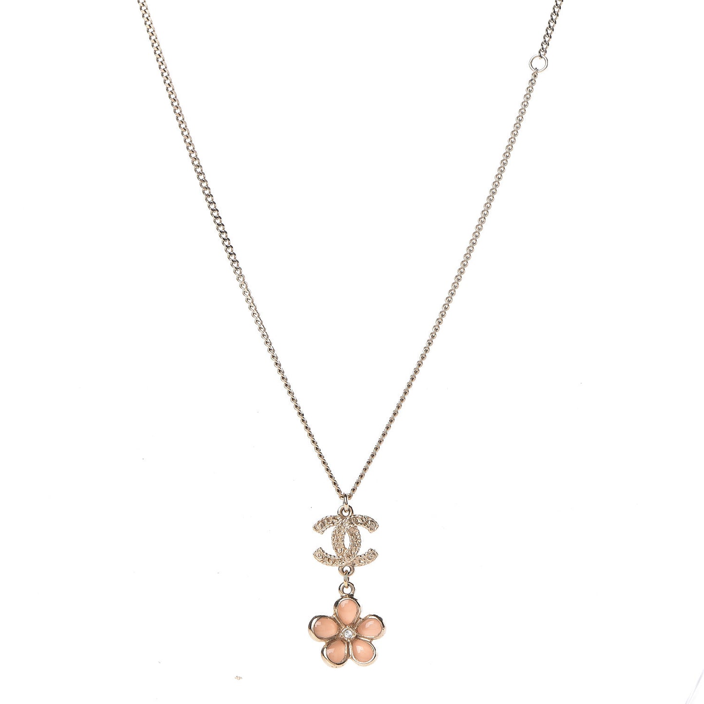 Enamel Crystal CC Camellia Pendant Necklace Beige Gold