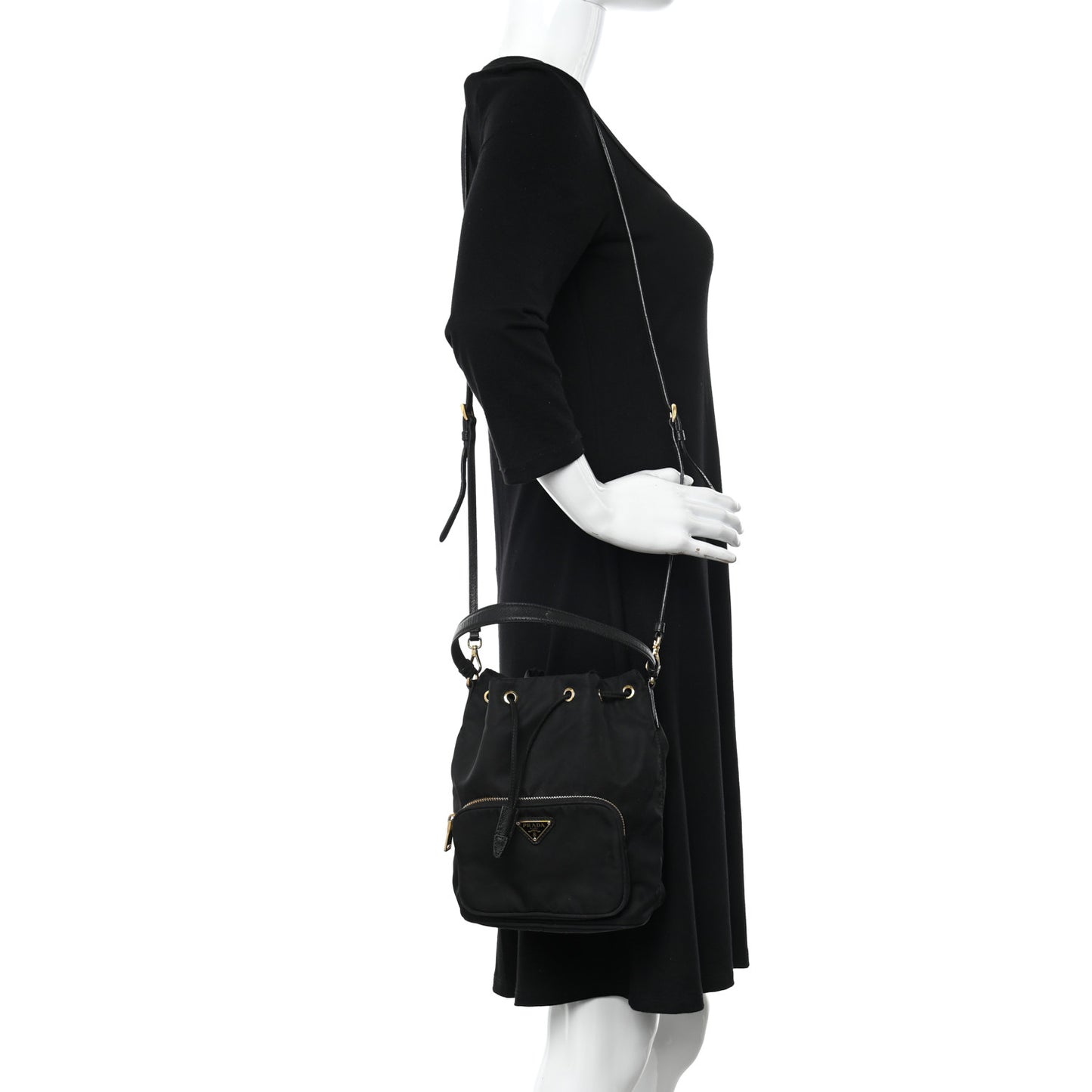 Saffiano Tessuto Nylon Mini Bucket Crossbody Bag Black