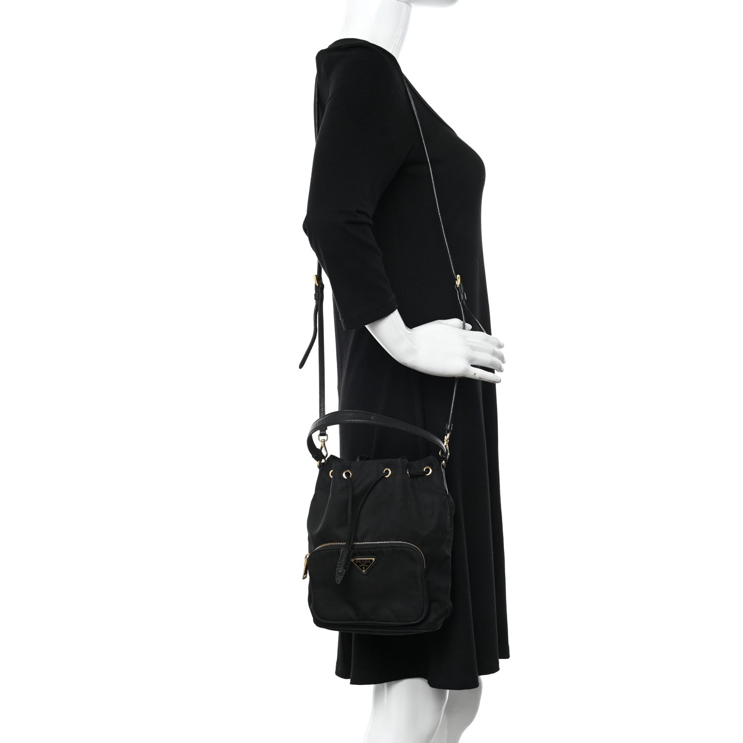 Prada Saffiano Tessuto Nylon Mini Bucket Crossbody Bag Black 2 of 10