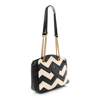 Gucci Calfskin Matelasse Medium GG Marmont Open Top Shoulder Bag Black White 4 of 13