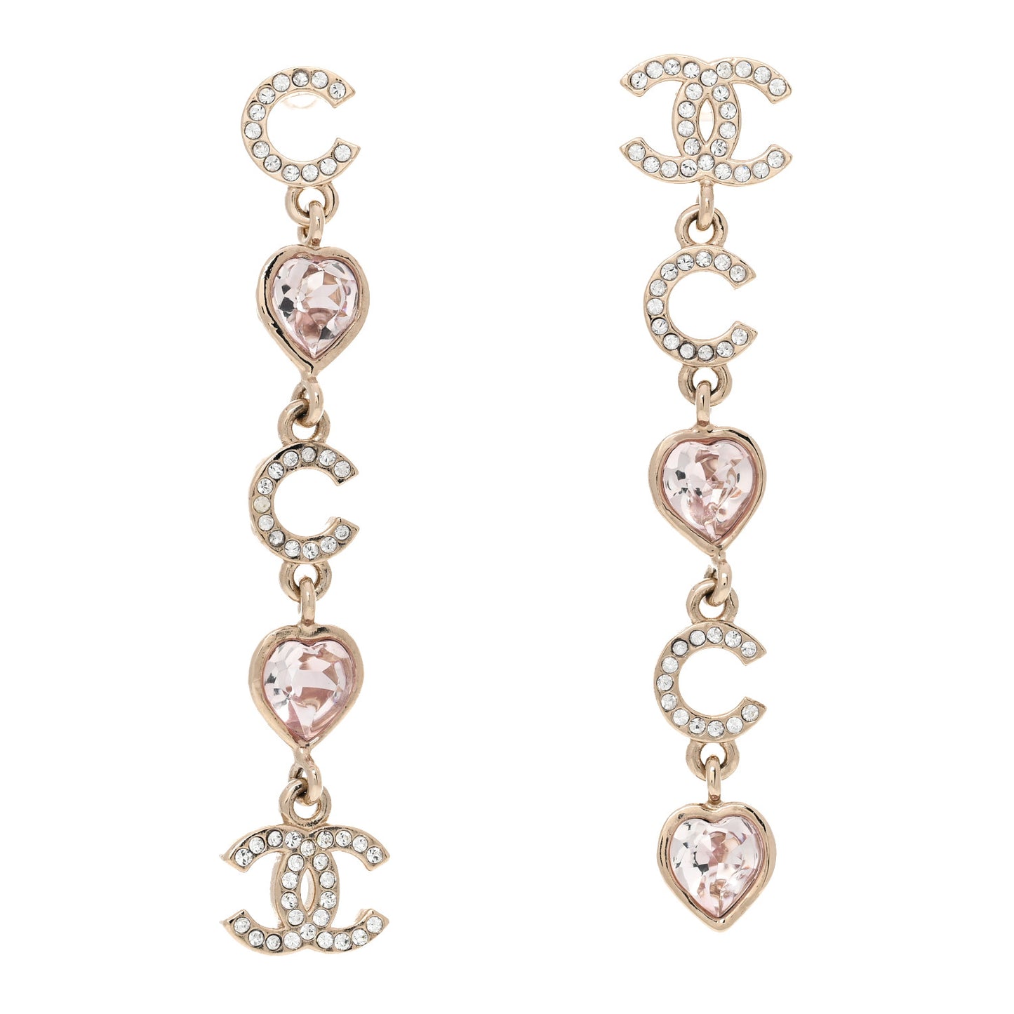 Metal Crystal CC Coco Heart Drop Earrings Gold Pink