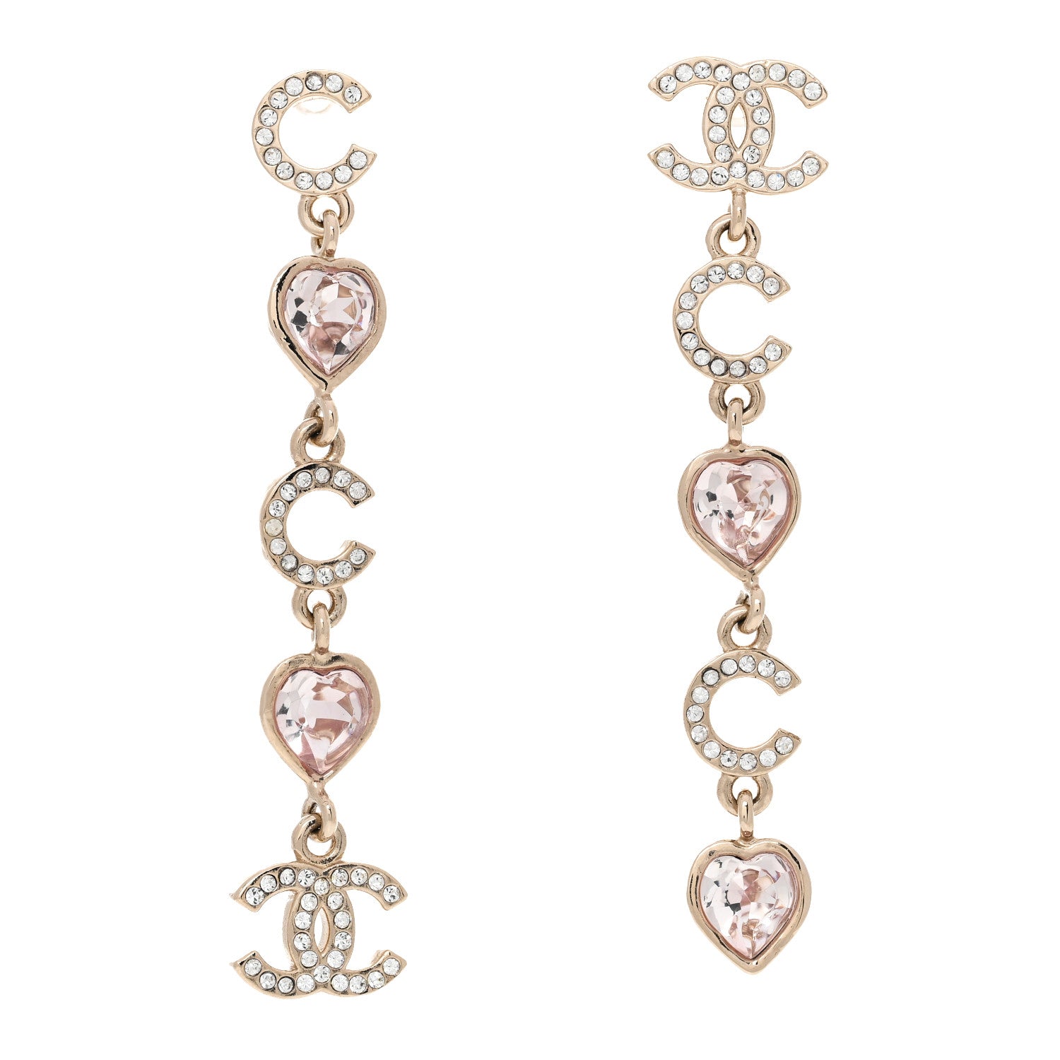 Chanel Metal Crystal CC Coco Heart Drop Earrings Gold Pink 1 of 5