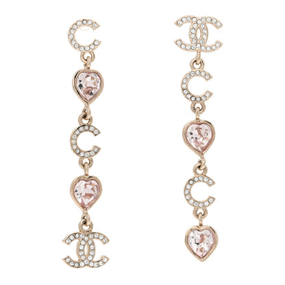 Chanel Metal Crystal CC Coco Heart Drop Earrings Gold Pink 1 of 5