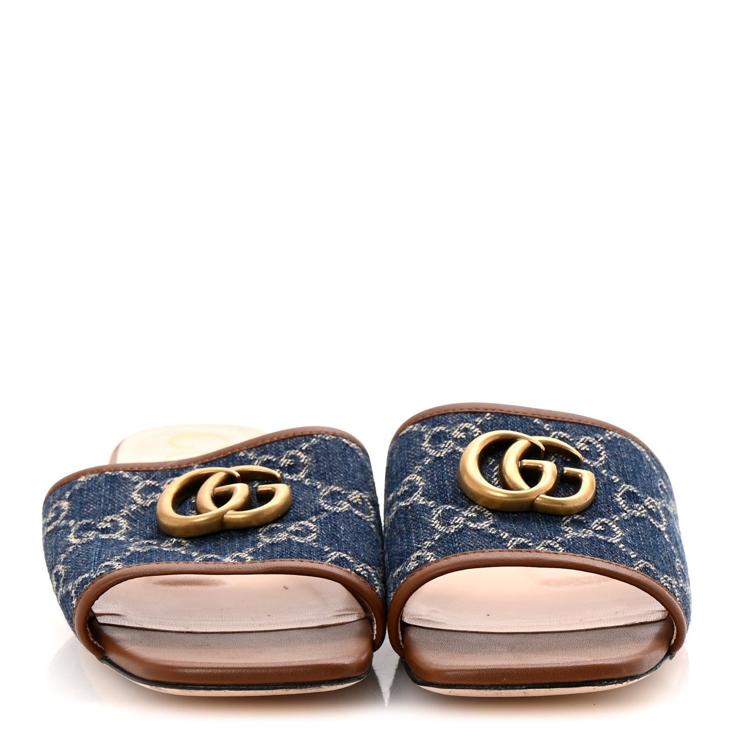 New Denim GG Monogram Miro Soft Calfskin Jolie Slide Sandals 37 Blue Tea Cuir Epilog
