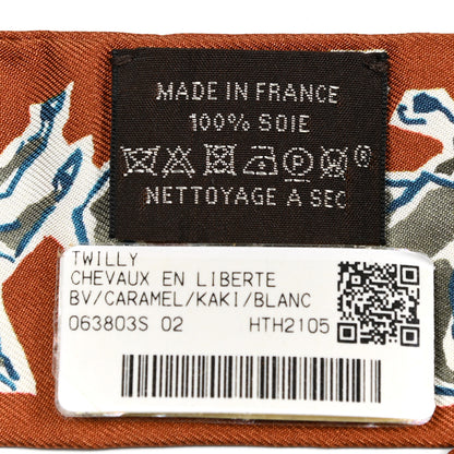 Hermes Silk Chevaux En Liberte Twilly Caramel Kaki White 3 of 5