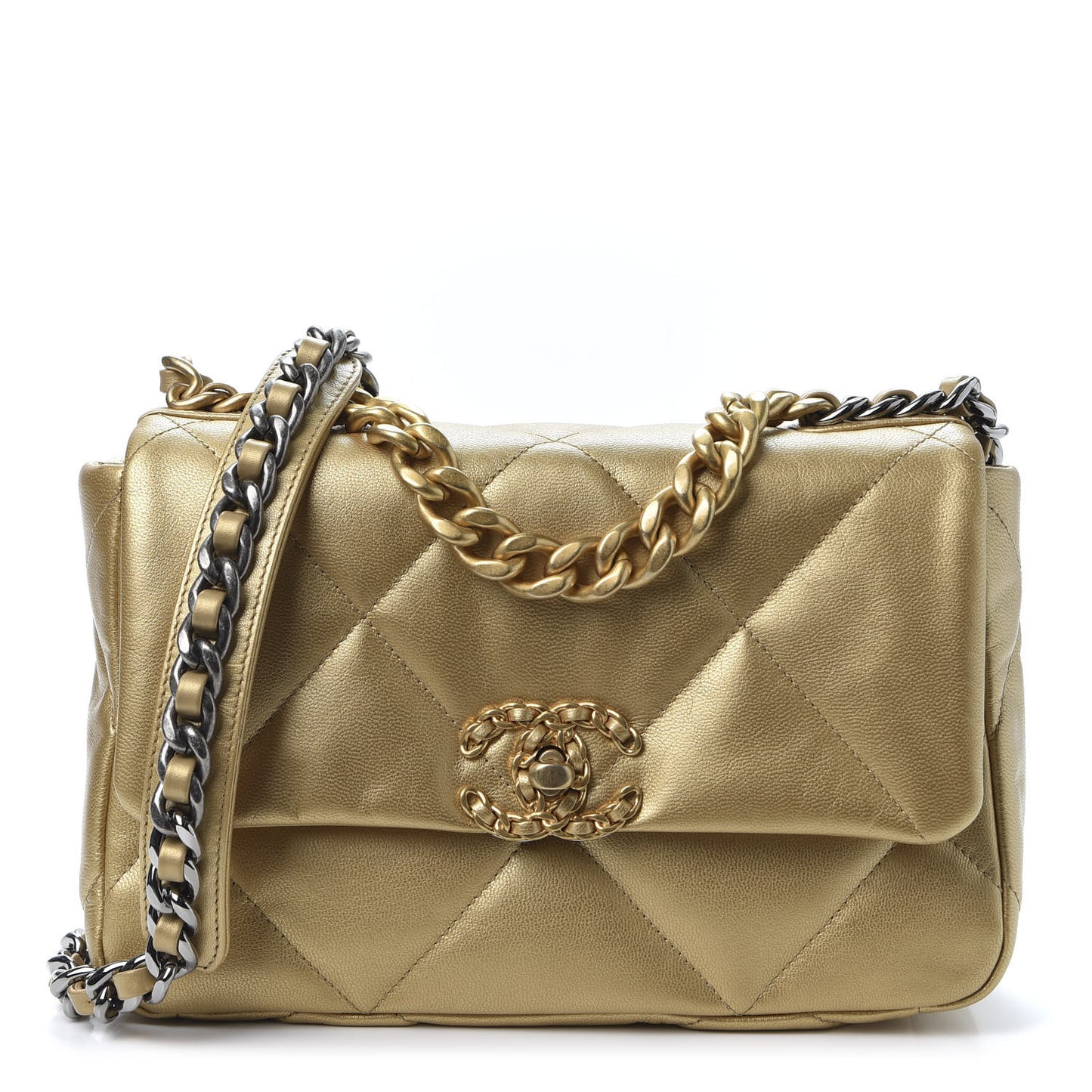 Metallic Goatskin Quilted Medium 19 Flap Gold