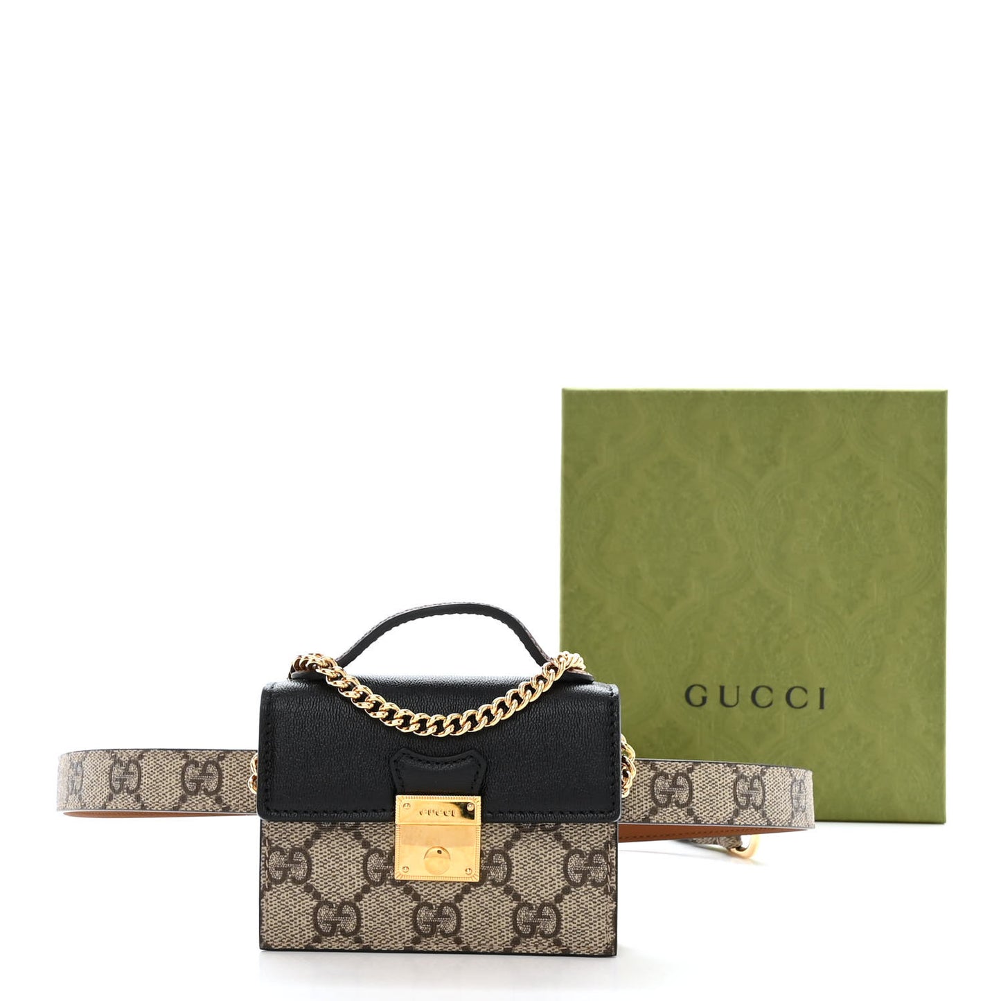 GG Supreme Monogram Calfskin Mini Padlock Top Handle Belt Bag Beige Black Cuir
