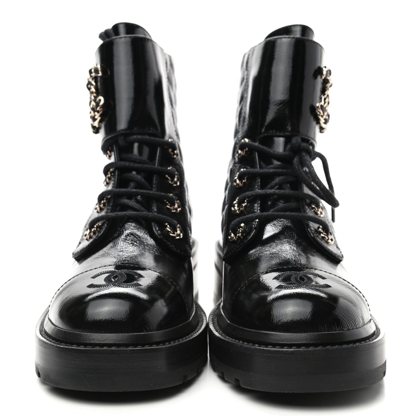 Shiny Calfskin Quilted Lace Up Combat Boots 36.5 Black