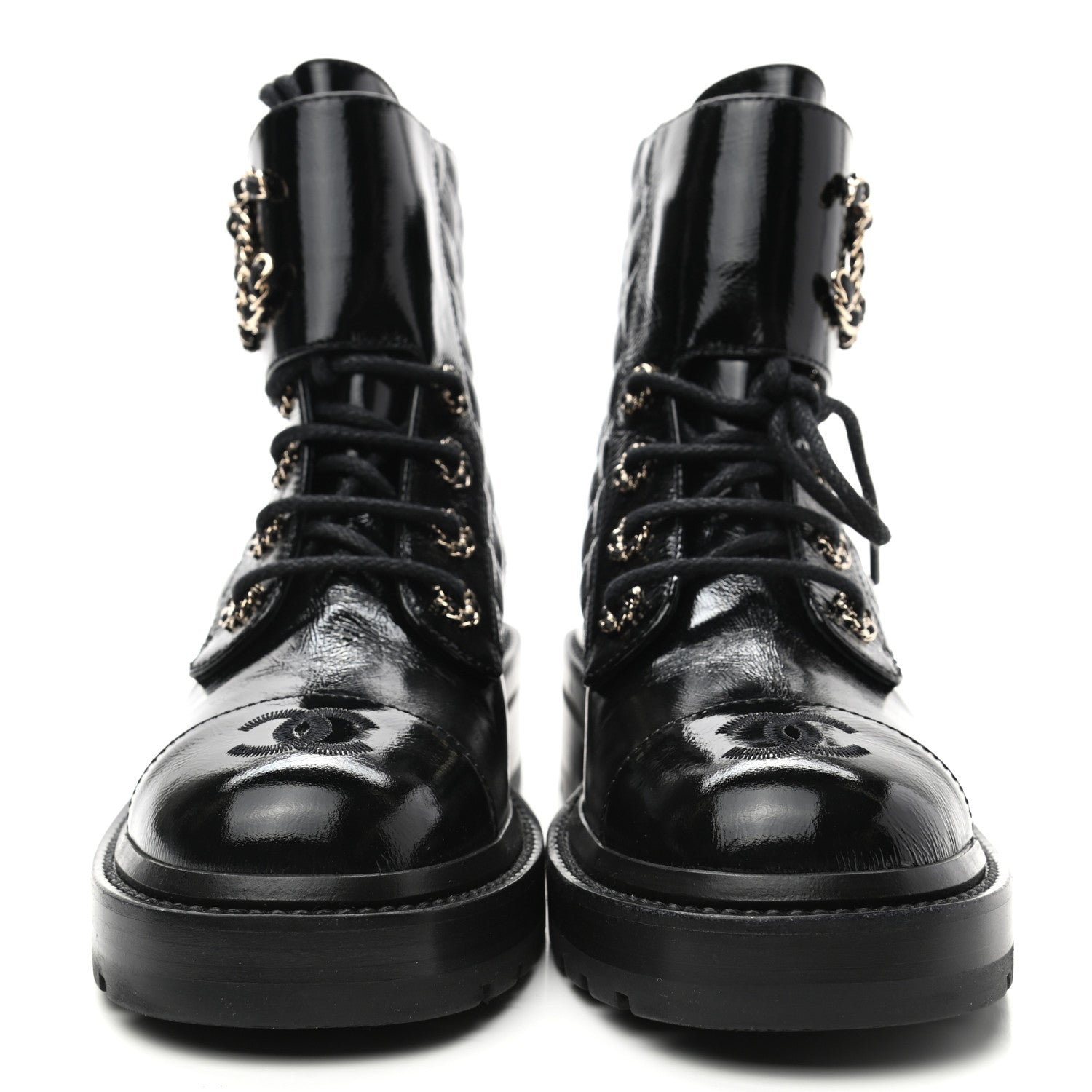 Chanel Shiny Calfskin Quilted Lace Up Combat Boots 36.5 Black 2 of 8