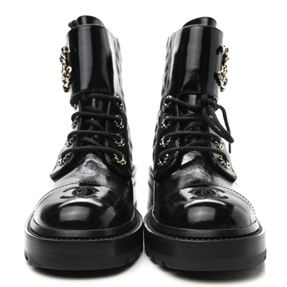 Chanel Shiny Calfskin Quilted Lace Up Combat Boots 36.5 Black 2 of 8