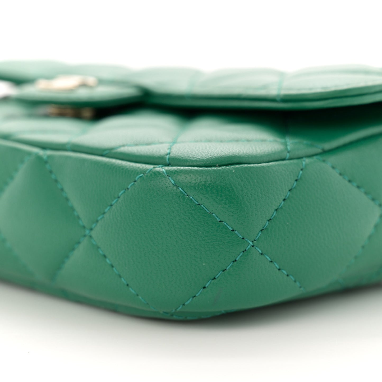 Lambskin Quilted Flap Phone Holder With Chain Green