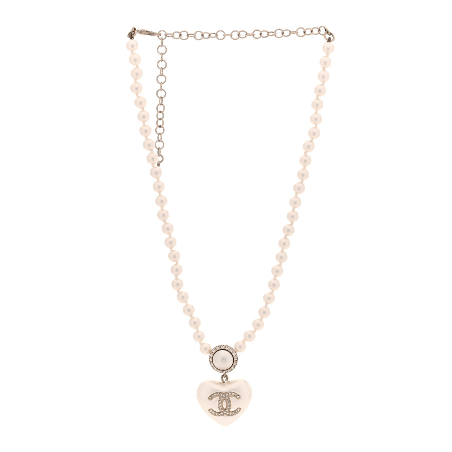 Pearl Crystal CC Heart Short Necklace Pearly White Gold