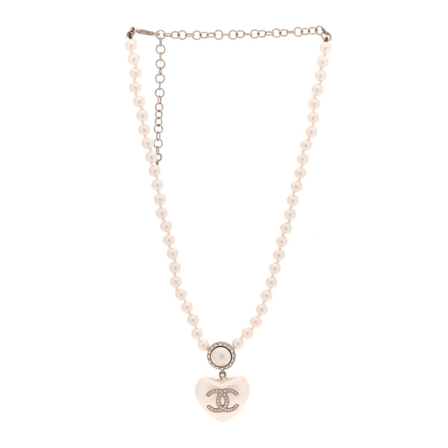 Chanel Pearl Crystal CC Heart Short Necklace Pearly White Gold 1 of 5