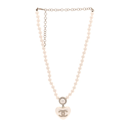 Chanel Pearl Crystal CC Heart Short Necklace Pearly White Gold 1 of 5