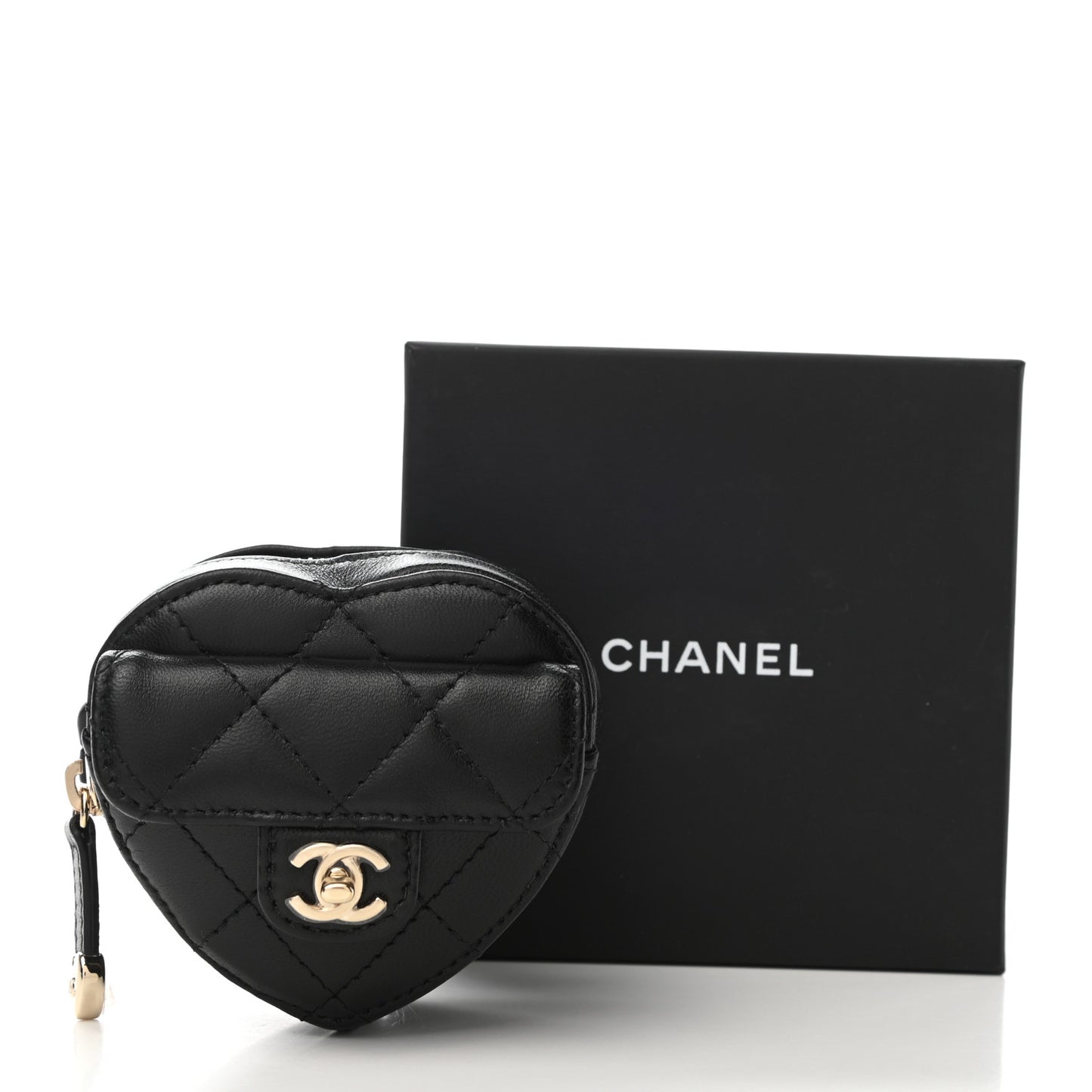 Lambskin Quilted CC In Love Heart Zipped Arm Coin Purse Black