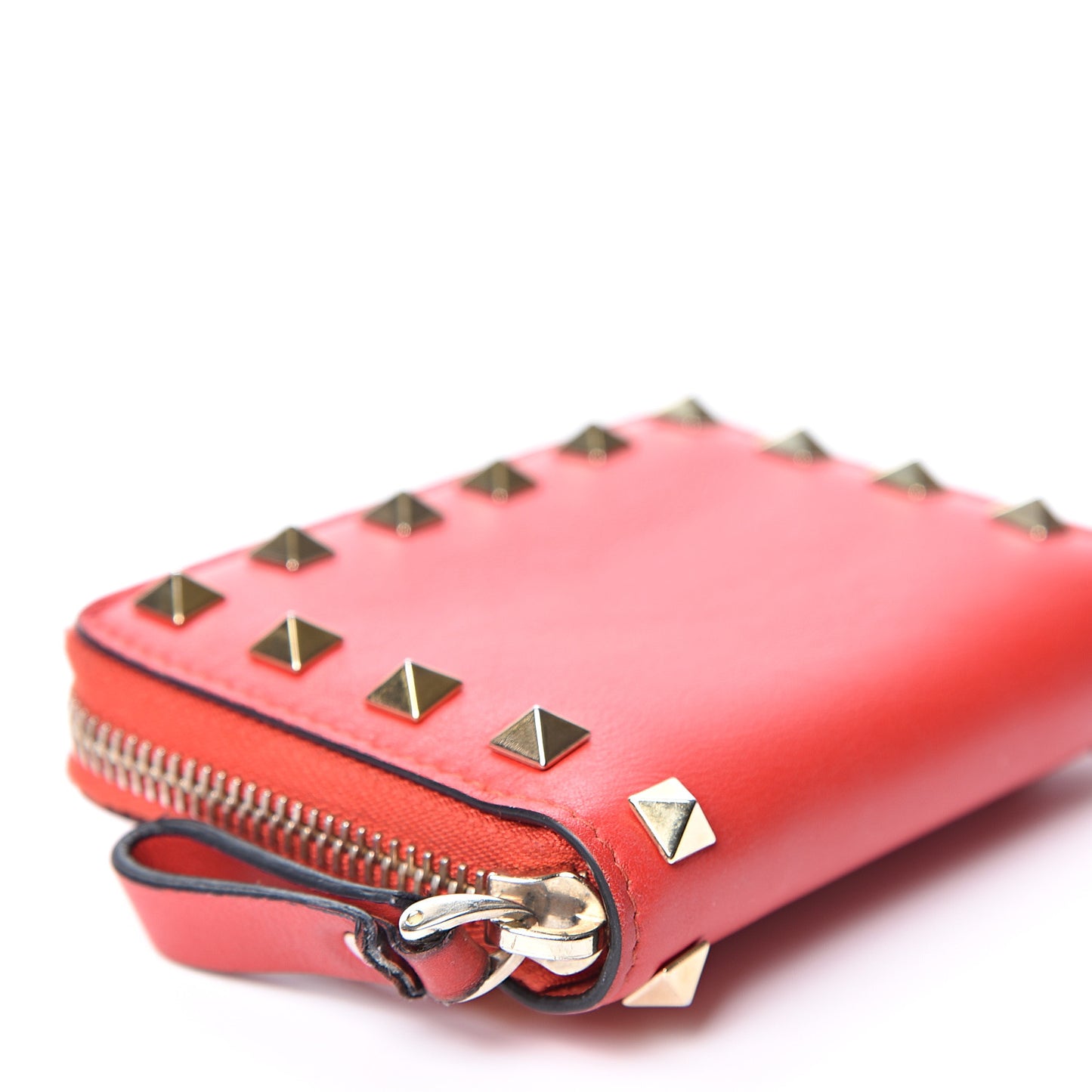 Calfskin Rockstud Zip Around Coin Case Card Holder Deep Orange