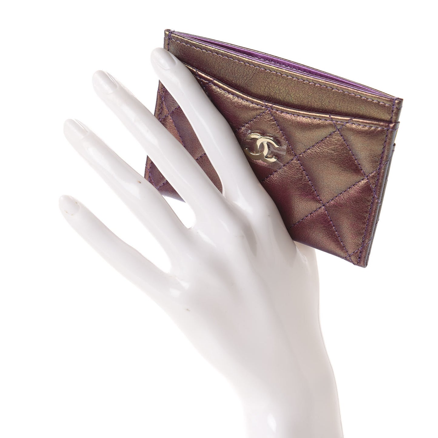Iridescent Lambskin Quilted Card Holder Purple