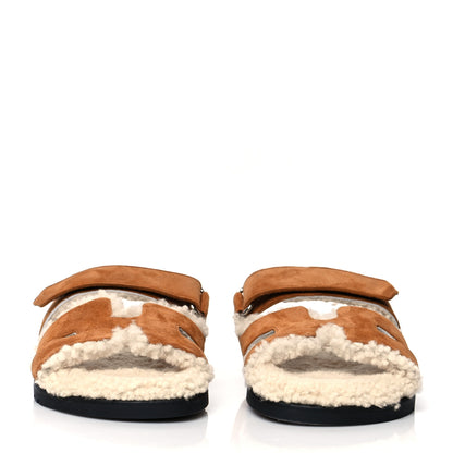 Hermes Suede Goatskin Woolskin Womens Chypre Sandals 36 Brun Fume Ecru 2 of 8