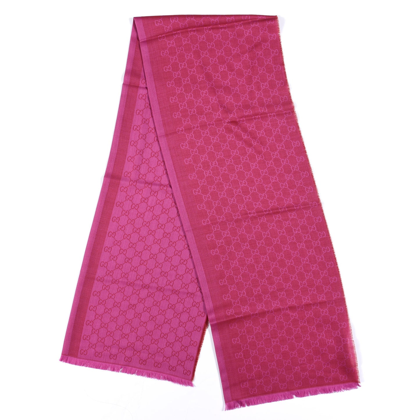 Wool Silk GG Monogram GGWeblong Fringe Scarf Shawl Red Pink