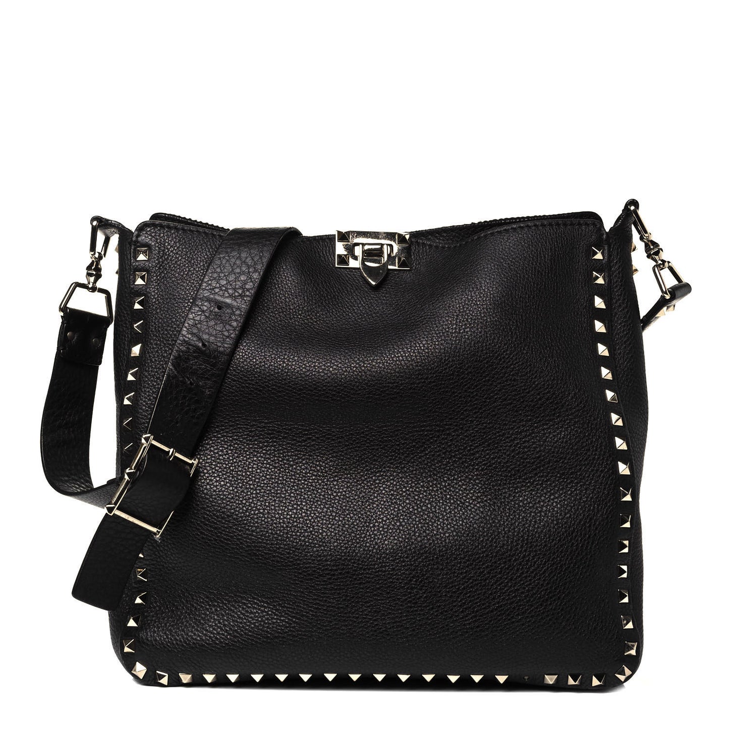 Pebbled Calfskin Large Rockstud Flip-Lock Messenger Bag Black