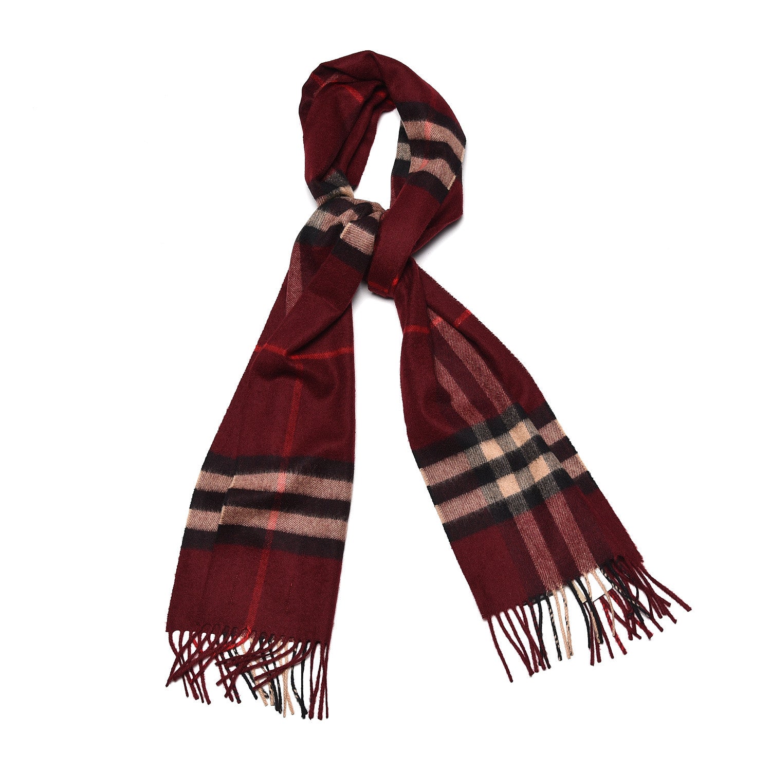 Burberry Cashmere Giant Check Icon Stripe Fringe Scarf Claret 1 of 5