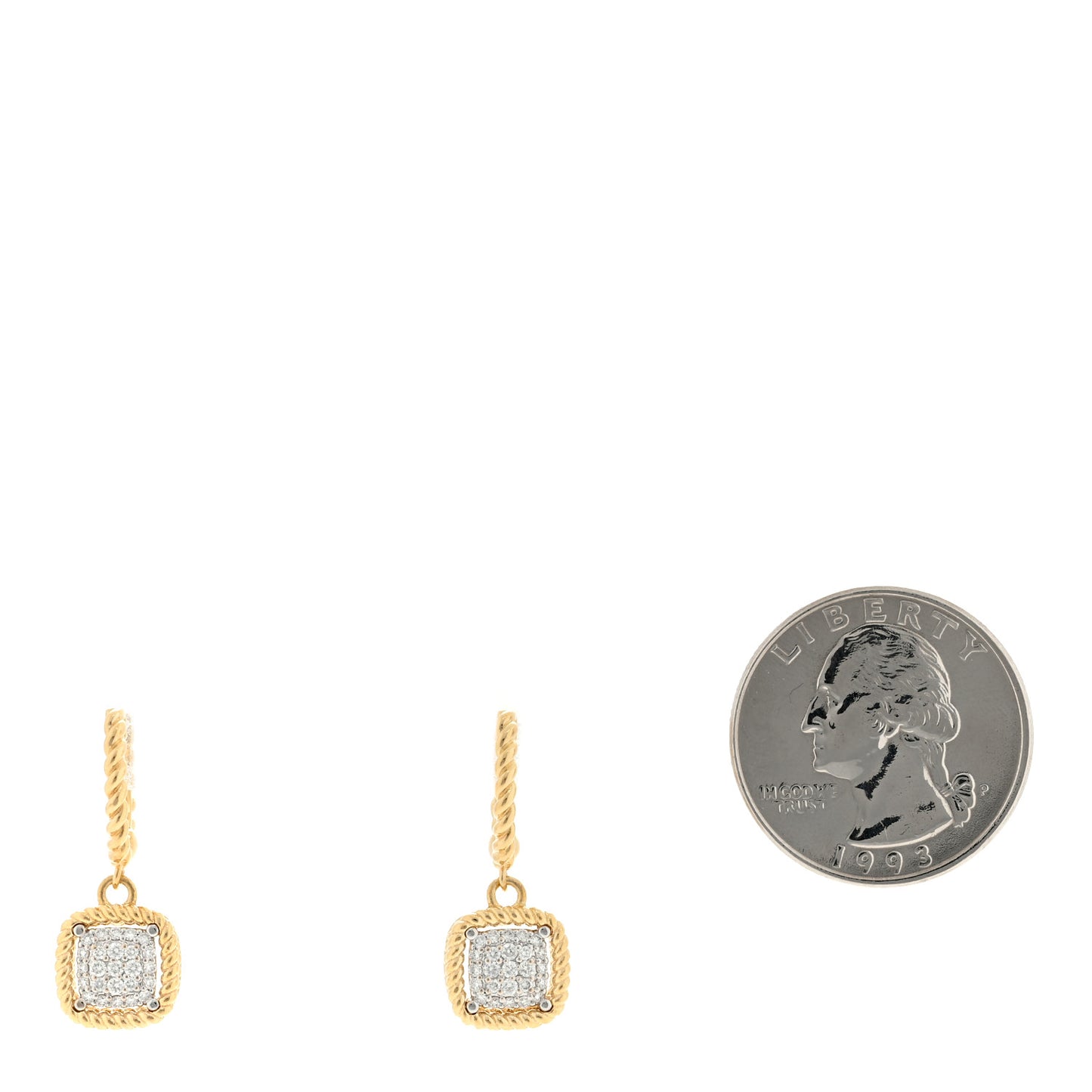 18K Yellow White Gold Diamond Barocco Square Cluster Dangle Hoop Drop Earrings