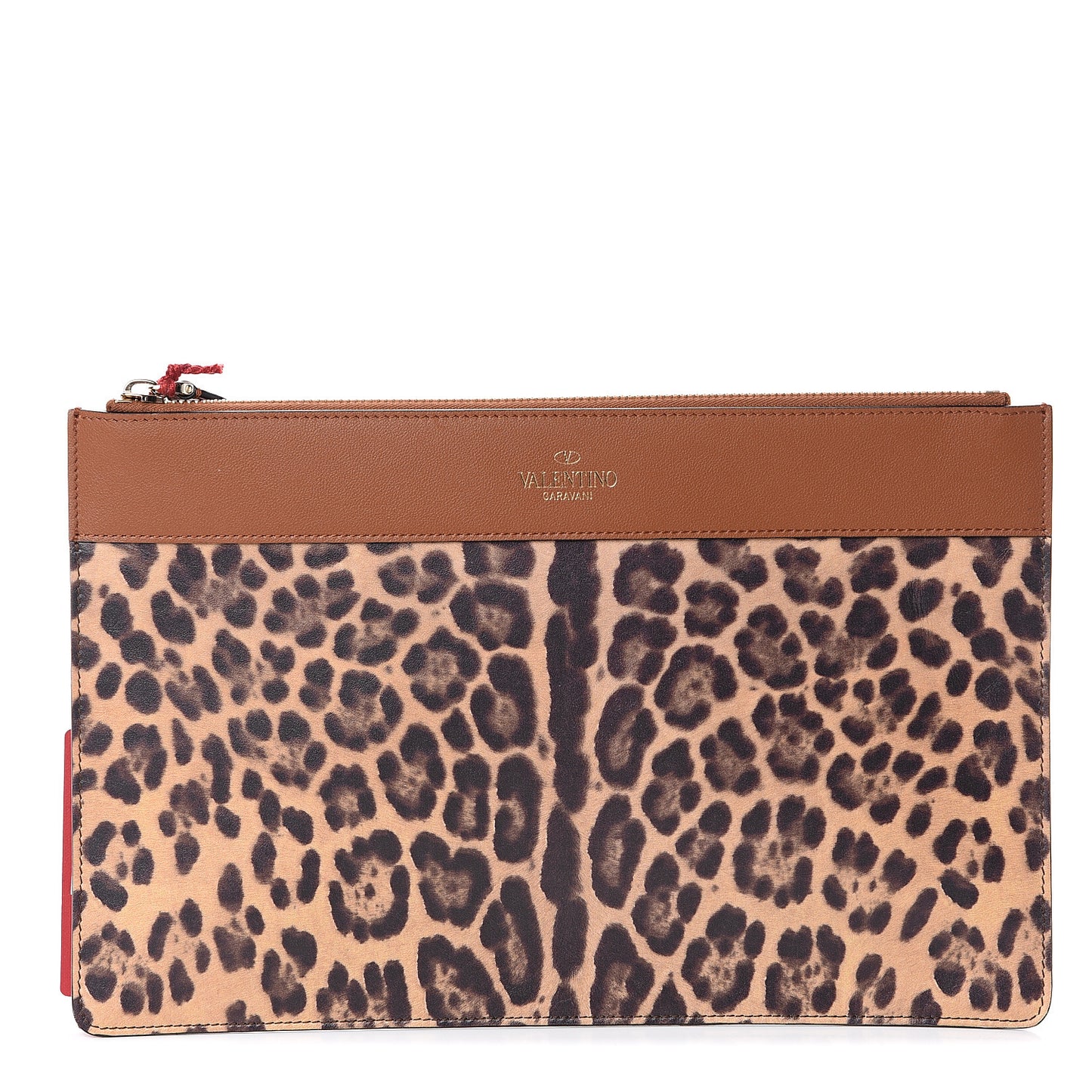 Calfskin Leopard Print Large Pouch Tan