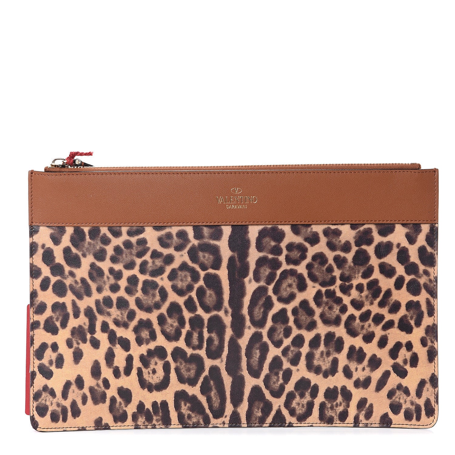 Valentino Garavani Calfskin Leopard Print Large Pouch Tan 1 of 6