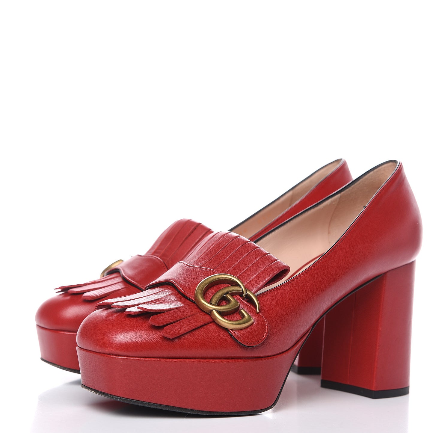 Malaga Kid GG Marmont Fringe Platform Loafer Pumps 38 Hibiscus Red
