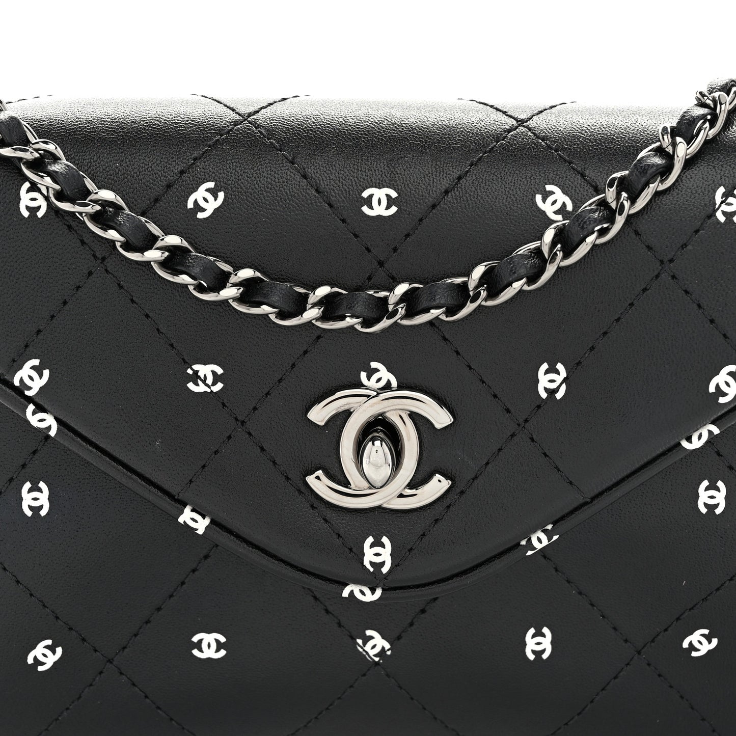 Printed Lambskin Logo CC Envelope Clutch With Chain Black White
