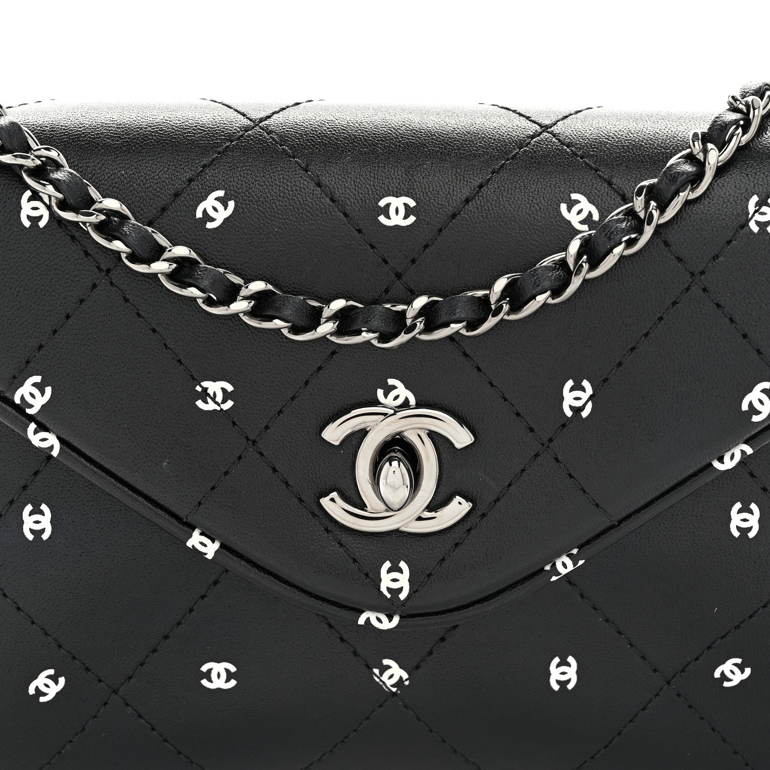 Chanel Printed Lambskin Logo CC Envelope Clutch With Chain Black White 8 of 10