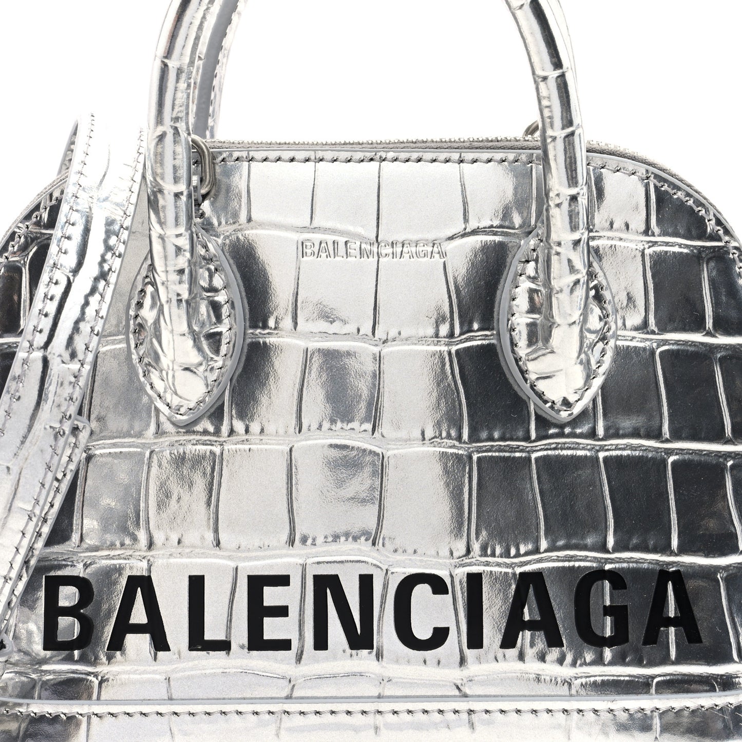 Metallic Calfskin Logo Crocodile Embossed XXS Ville Top Handle Bag Silver Black
