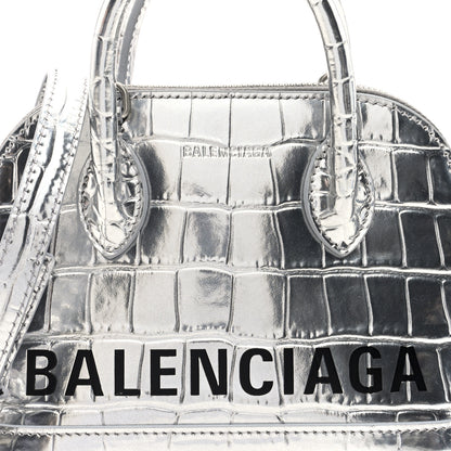 Balenciaga Metallic Calfskin Logo Crocodile Embossed XXS Ville Top Handle Bag Silver Black 7 of 9