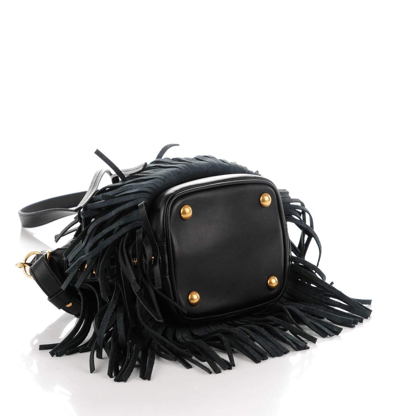 Calfskin Small Emmanuelle Fringe Bucket Bag Black