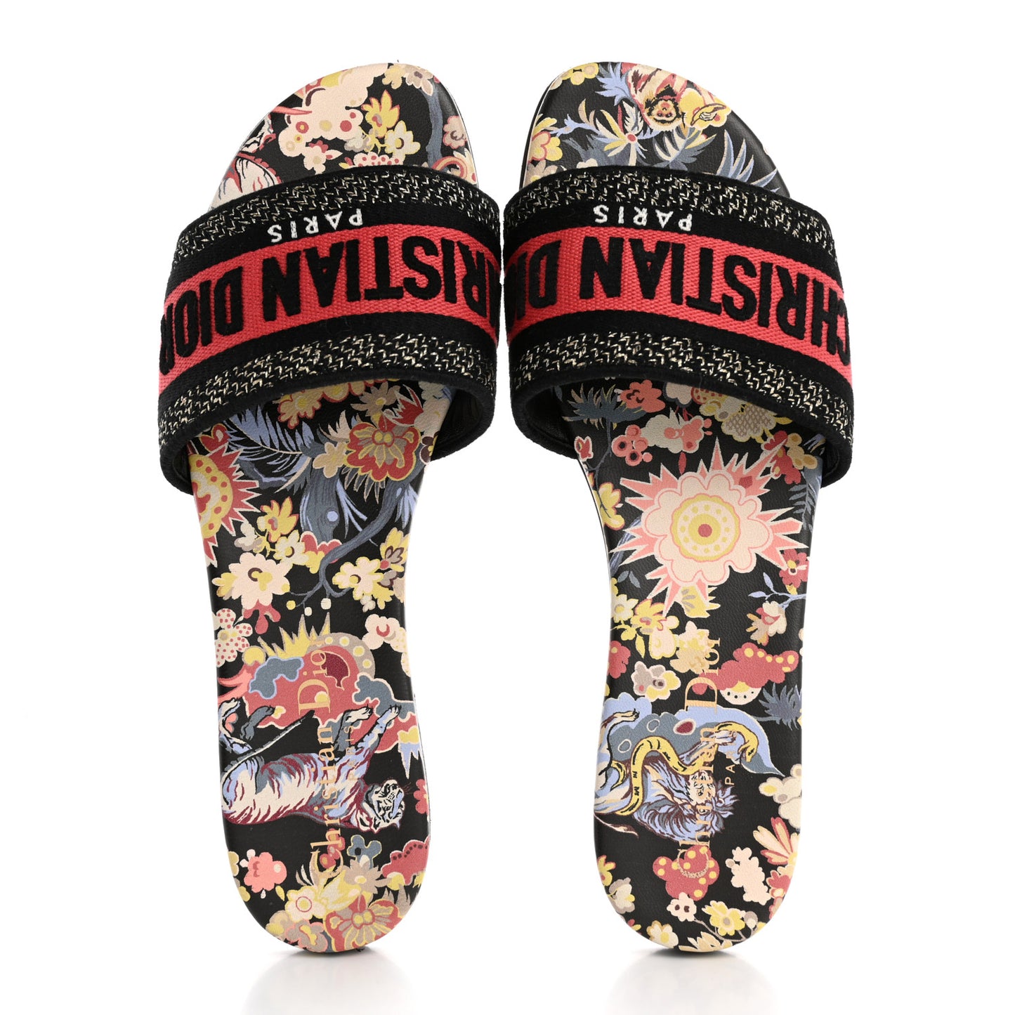 Canvas Toile de Jouy Pop Embroidered Dway Flat Slide Sandals 36.5 Black Multicolor