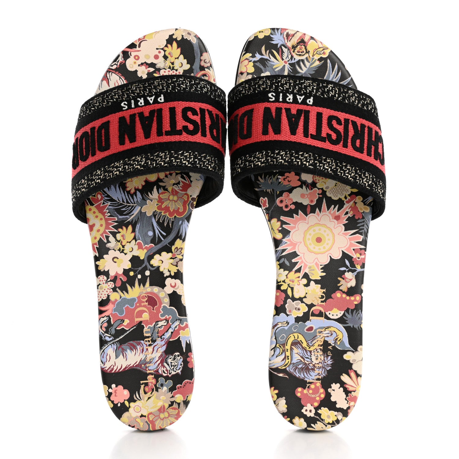 Christian Dior Canvas Toile de Jouy Pop Embroidered Dway Flat Slide Sandals 36.5 Black Multicolor 2 of 10