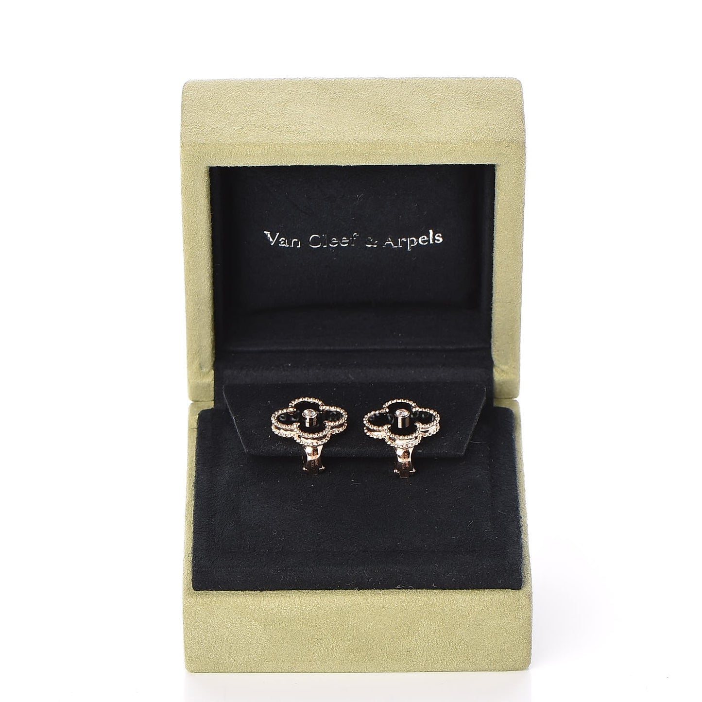 18K Rose Gold Diamond Black Onyx Vintage Alhambra Earrings