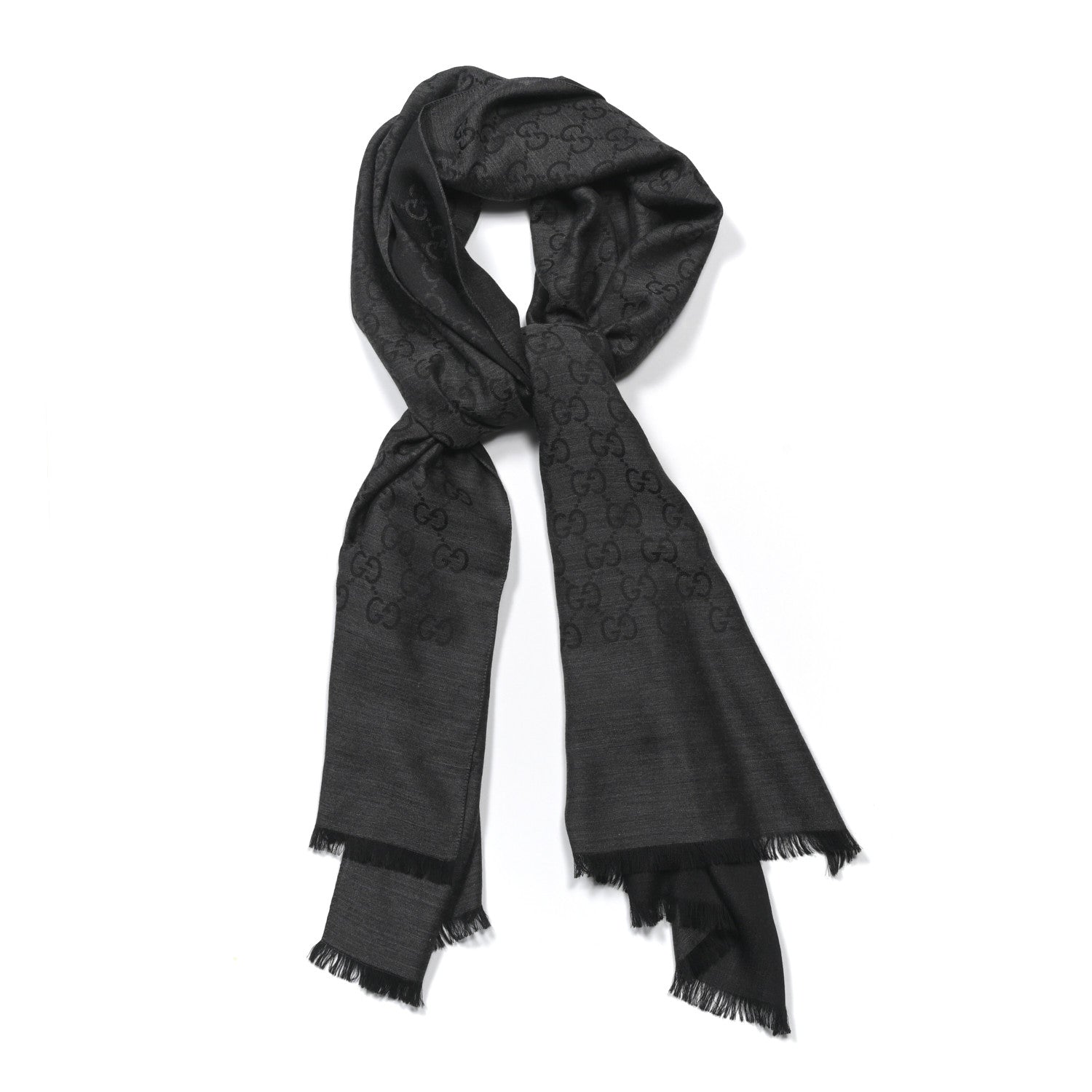 Gucci Wool Silk GG Monogram GGNat Scarf Black Anthracite 1 of 4