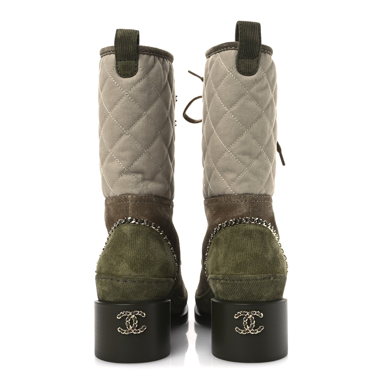 Chanel Suede Calfskin Cotton Quilted CC Chain Combat Boots 39 Light Grey Brown Khaki 6 of 12