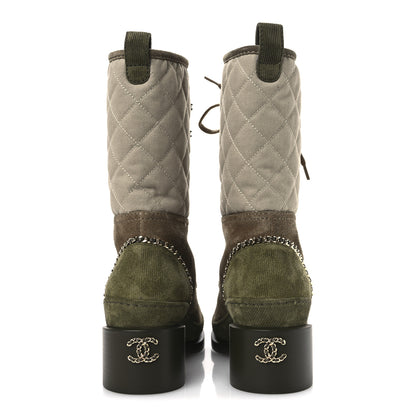 Chanel Suede Calfskin Cotton Quilted CC Chain Combat Boots 39 Light Grey Brown Khaki 6 of 12
