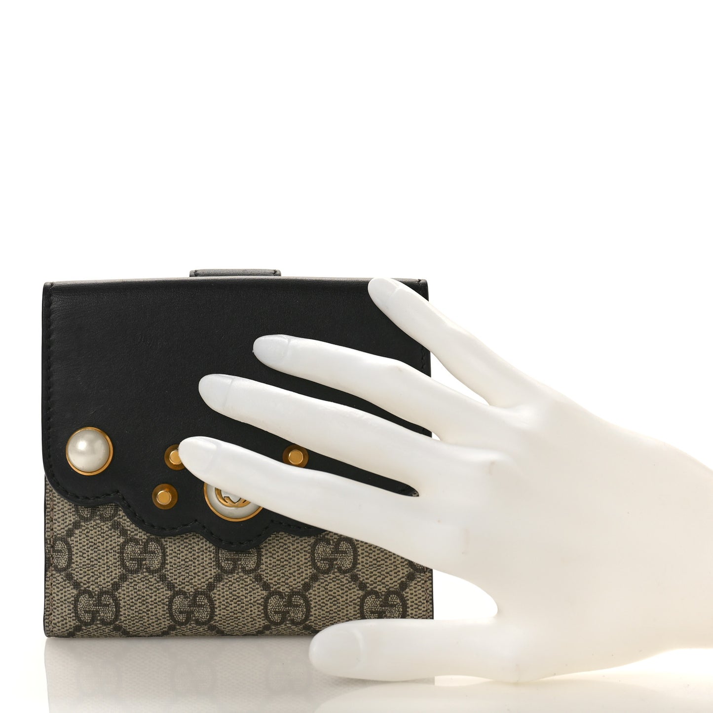 GG Supreme Monogram Pearl Studded French Wallet Black
