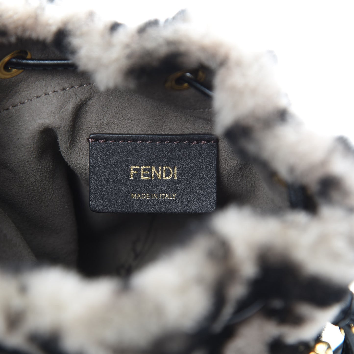 Shearling F is Fendi Macro FF 1974 Diagonal Mini Mon Tresor Bucket Bag Dove Black